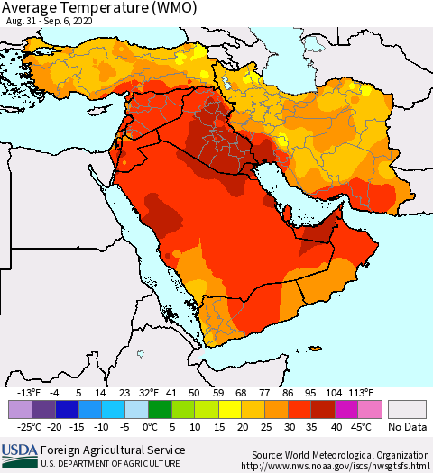 Middle East and Turkey Average Temperature (WMO) Thematic Map For 8/31/2020 - 9/6/2020