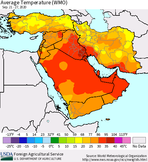 Middle East and Turkey Average Temperature (WMO) Thematic Map For 9/21/2020 - 9/27/2020