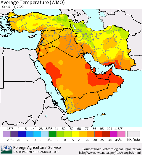 Middle East and Turkey Average Temperature (WMO) Thematic Map For 10/5/2020 - 10/11/2020