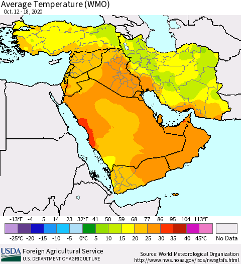 Middle East and Turkey Average Temperature (WMO) Thematic Map For 10/12/2020 - 10/18/2020