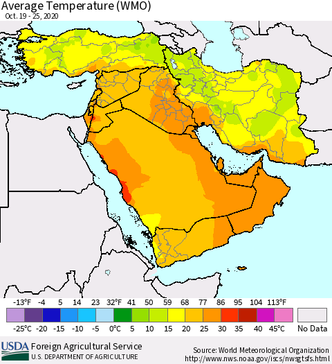 Middle East and Turkey Average Temperature (WMO) Thematic Map For 10/19/2020 - 10/25/2020