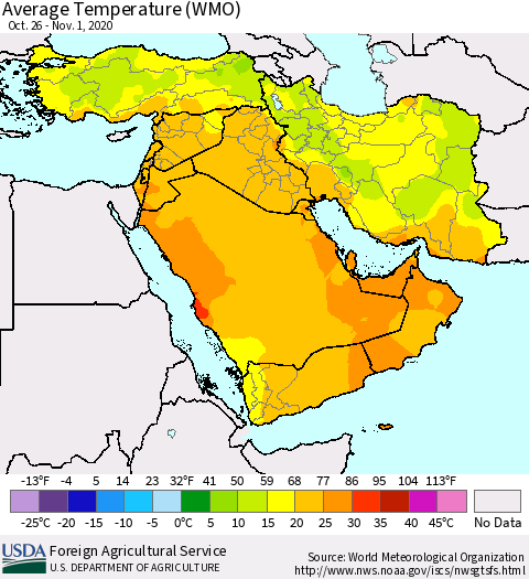 Middle East and Turkey Average Temperature (WMO) Thematic Map For 10/26/2020 - 11/1/2020