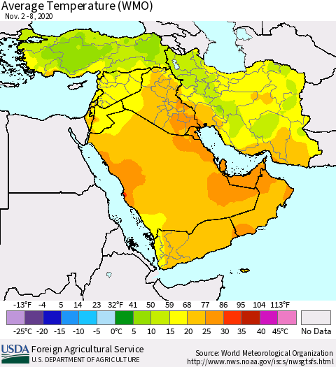 Middle East and Turkey Average Temperature (WMO) Thematic Map For 11/2/2020 - 11/8/2020