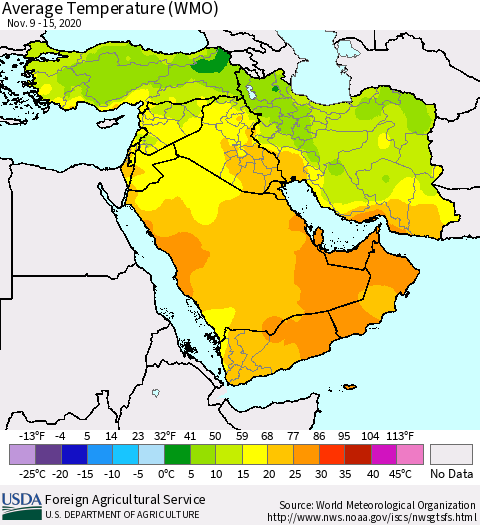 Middle East and Turkey Average Temperature (WMO) Thematic Map For 11/9/2020 - 11/15/2020
