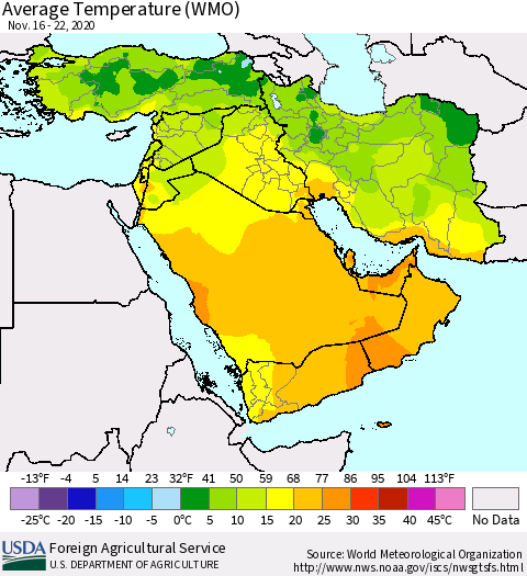 Middle East and Turkey Average Temperature (WMO) Thematic Map For 11/16/2020 - 11/22/2020