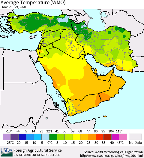 Middle East and Turkey Average Temperature (WMO) Thematic Map For 11/23/2020 - 11/29/2020