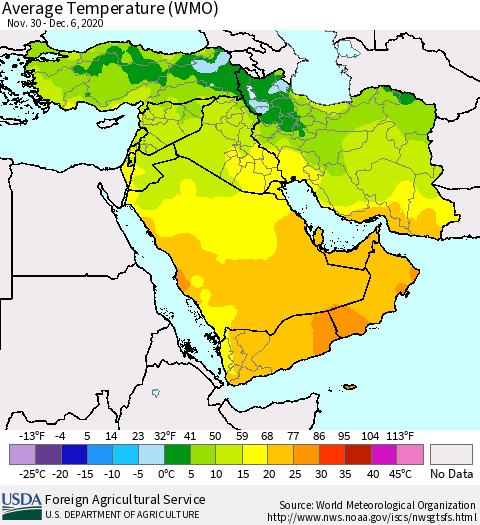 Middle East and Turkey Average Temperature (WMO) Thematic Map For 11/30/2020 - 12/6/2020