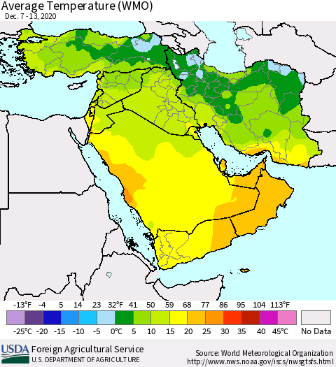 Middle East and Turkey Average Temperature (WMO) Thematic Map For 12/7/2020 - 12/13/2020