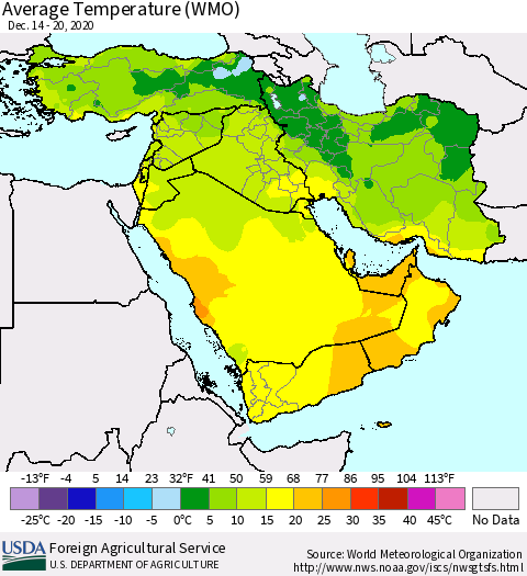 Middle East and Turkey Average Temperature (WMO) Thematic Map For 12/14/2020 - 12/20/2020