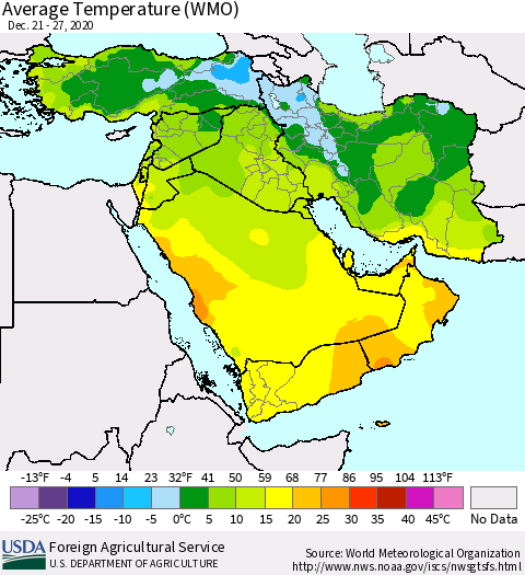 Middle East and Turkey Average Temperature (WMO) Thematic Map For 12/21/2020 - 12/27/2020
