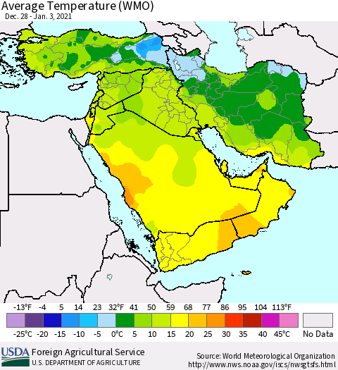 Middle East and Turkey Average Temperature (WMO) Thematic Map For 12/28/2020 - 1/3/2021