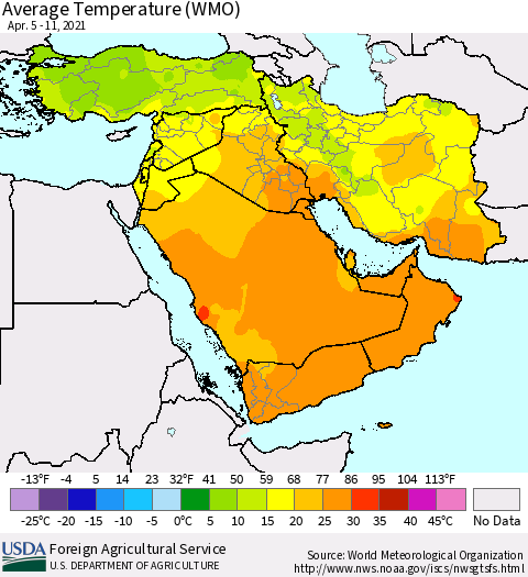 Middle East and Turkey Average Temperature (WMO) Thematic Map For 4/5/2021 - 4/11/2021