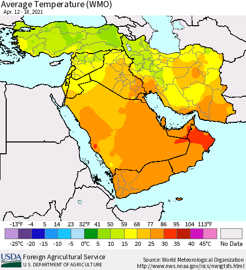 Middle East and Turkey Average Temperature (WMO) Thematic Map For 4/12/2021 - 4/18/2021