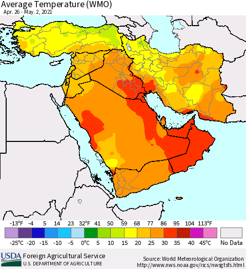 Middle East and Turkey Average Temperature (WMO) Thematic Map For 4/26/2021 - 5/2/2021