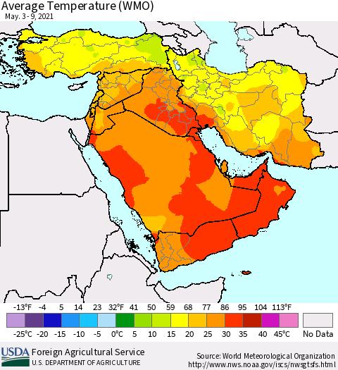 Middle East and Turkey Average Temperature (WMO) Thematic Map For 5/3/2021 - 5/9/2021