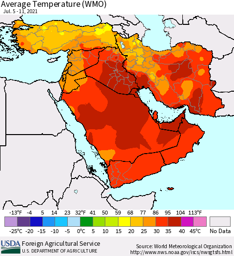 Middle East and Turkey Average Temperature (WMO) Thematic Map For 7/5/2021 - 7/11/2021