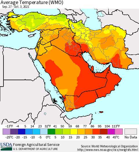 Middle East and Turkey Average Temperature (WMO) Thematic Map For 9/27/2021 - 10/3/2021