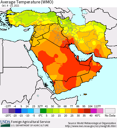Middle East and Turkey Average Temperature (WMO) Thematic Map For 10/4/2021 - 10/10/2021