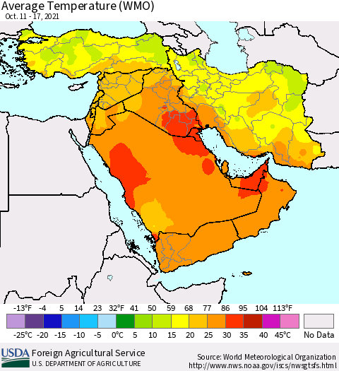Middle East and Turkey Average Temperature (WMO) Thematic Map For 10/11/2021 - 10/17/2021