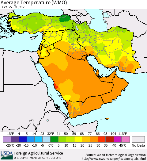 Middle East and Turkey Average Temperature (WMO) Thematic Map For 10/25/2021 - 10/31/2021