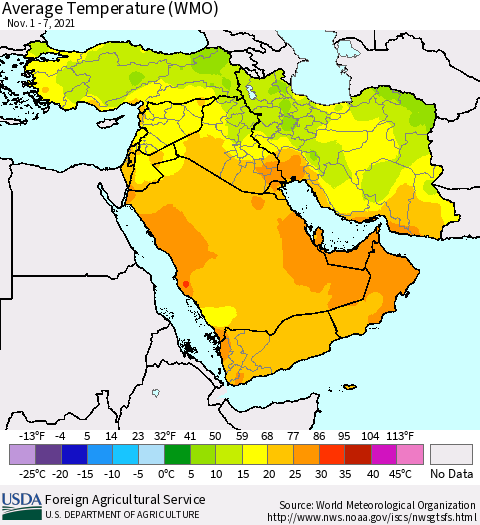 Middle East and Turkey Average Temperature (WMO) Thematic Map For 11/1/2021 - 11/7/2021