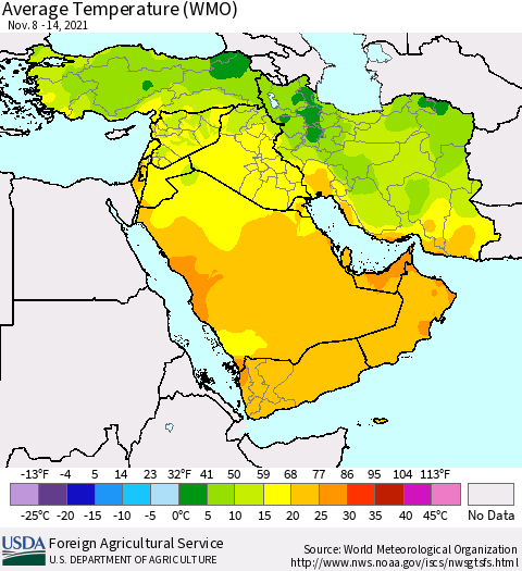 Middle East and Turkey Average Temperature (WMO) Thematic Map For 11/8/2021 - 11/14/2021