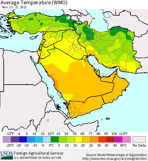Middle East and Turkey Average Temperature (WMO) Thematic Map For 11/15/2021 - 11/21/2021