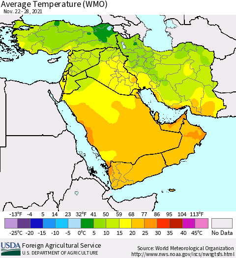 Middle East and Turkey Average Temperature (WMO) Thematic Map For 11/22/2021 - 11/28/2021