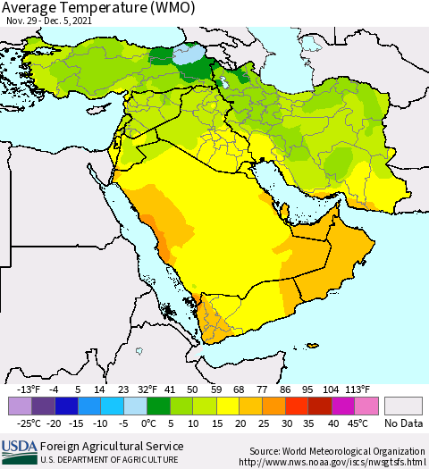 Middle East and Turkey Average Temperature (WMO) Thematic Map For 11/29/2021 - 12/5/2021