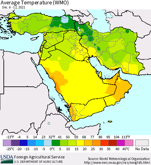 Middle East and Turkey Average Temperature (WMO) Thematic Map For 12/6/2021 - 12/12/2021