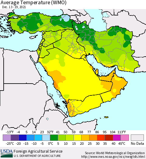 Middle East and Turkey Average Temperature (WMO) Thematic Map For 12/13/2021 - 12/19/2021