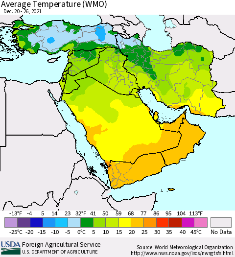 Middle East and Turkey Average Temperature (WMO) Thematic Map For 12/20/2021 - 12/26/2021
