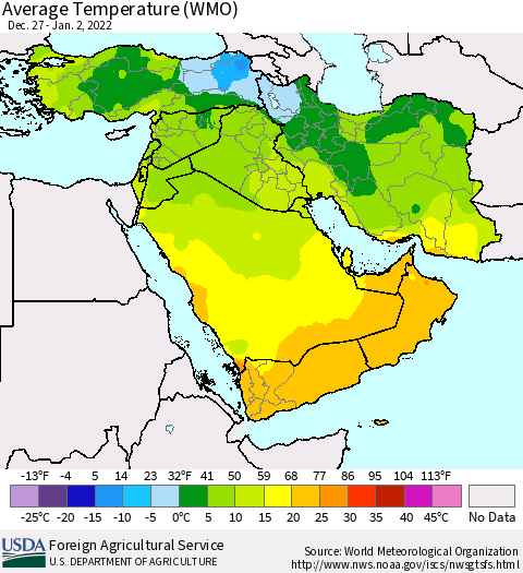 Middle East and Turkey Average Temperature (WMO) Thematic Map For 12/27/2021 - 1/2/2022