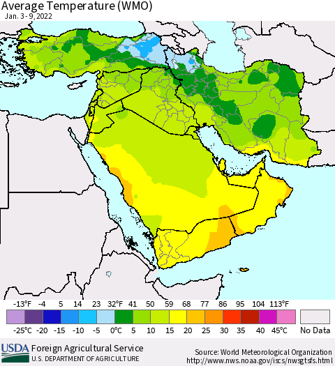 Middle East and Turkey Average Temperature (WMO) Thematic Map For 1/3/2022 - 1/9/2022