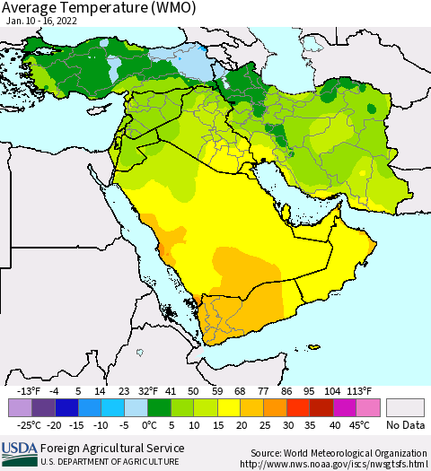 Middle East and Turkey Average Temperature (WMO) Thematic Map For 1/10/2022 - 1/16/2022