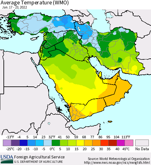 Middle East and Turkey Average Temperature (WMO) Thematic Map For 1/17/2022 - 1/23/2022