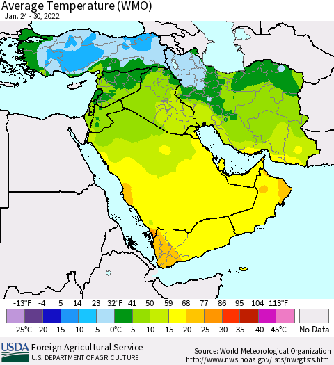 Middle East and Turkey Average Temperature (WMO) Thematic Map For 1/24/2022 - 1/30/2022