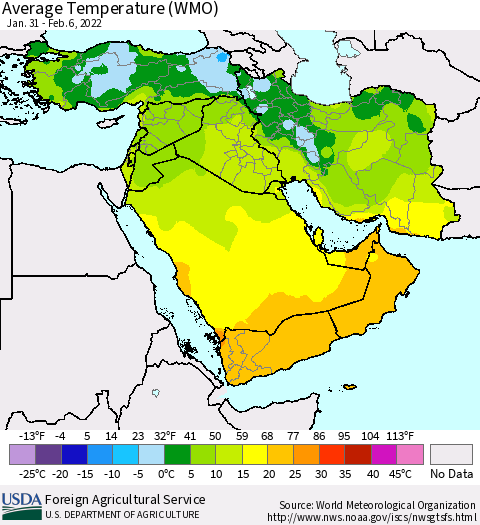 Middle East and Turkey Average Temperature (WMO) Thematic Map For 1/31/2022 - 2/6/2022
