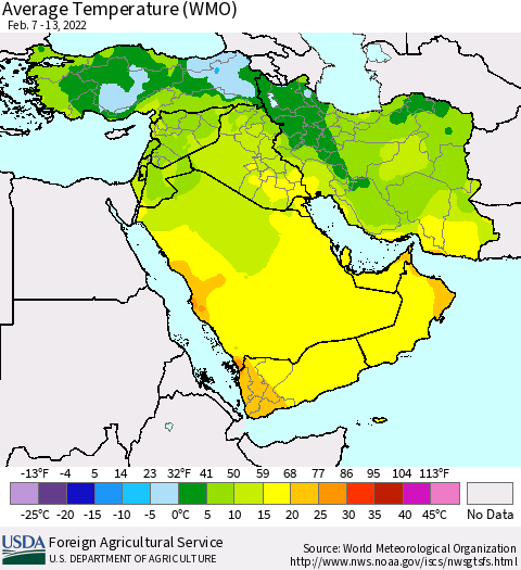 Middle East and Turkey Average Temperature (WMO) Thematic Map For 2/7/2022 - 2/13/2022