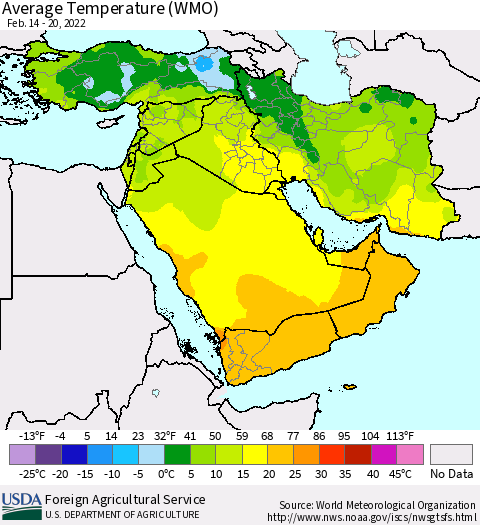 Middle East and Turkey Average Temperature (WMO) Thematic Map For 2/14/2022 - 2/20/2022
