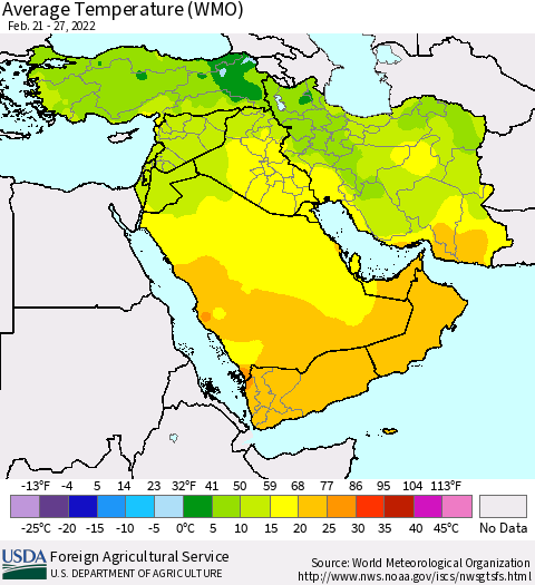 Middle East and Turkey Average Temperature (WMO) Thematic Map For 2/21/2022 - 2/27/2022