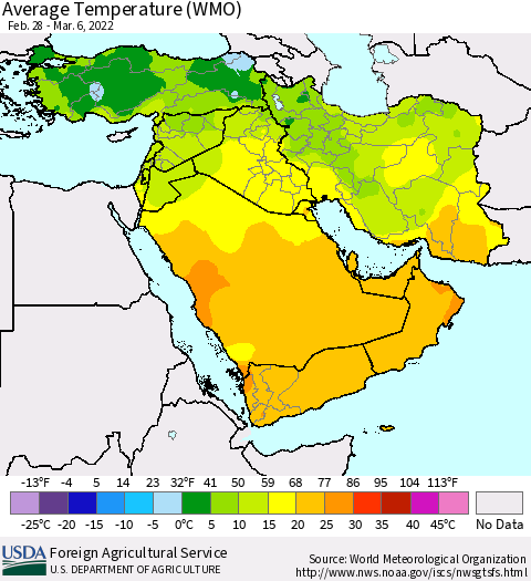 Middle East and Turkey Average Temperature (WMO) Thematic Map For 2/28/2022 - 3/6/2022