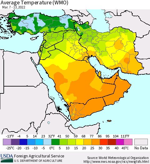 Middle East and Turkey Average Temperature (WMO) Thematic Map For 3/7/2022 - 3/13/2022