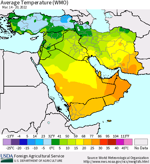 Middle East and Turkey Average Temperature (WMO) Thematic Map For 3/14/2022 - 3/20/2022