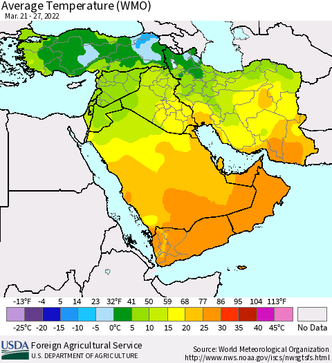Middle East and Turkey Average Temperature (WMO) Thematic Map For 3/21/2022 - 3/27/2022