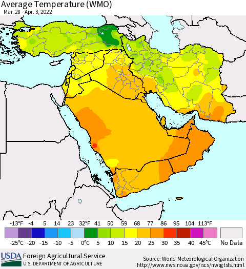 Middle East and Turkey Average Temperature (WMO) Thematic Map For 3/28/2022 - 4/3/2022