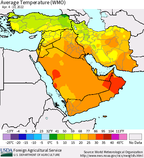 Middle East and Turkey Average Temperature (WMO) Thematic Map For 4/4/2022 - 4/10/2022