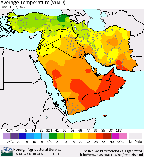 Middle East and Turkey Average Temperature (WMO) Thematic Map For 4/11/2022 - 4/17/2022
