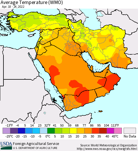 Middle East and Turkey Average Temperature (WMO) Thematic Map For 4/18/2022 - 4/24/2022