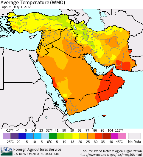 Middle East and Turkey Average Temperature (WMO) Thematic Map For 4/25/2022 - 5/1/2022